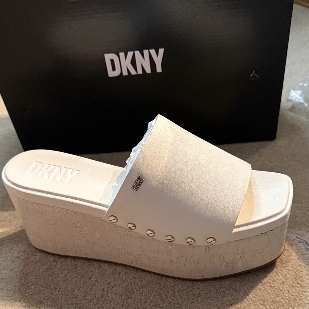 DKNY White Platform Slide Sandals